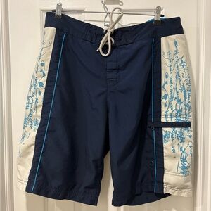 Men's old Navy Blue and Cream Swim Trunks with Aqua Accent 2004 Y2K large/35-36